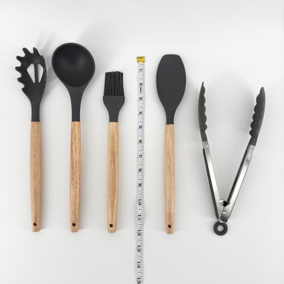 11-Piece Silicone Kitchen Utensil Set with Wooden Handles and Holder - BPA Free - Picture 6 of 9